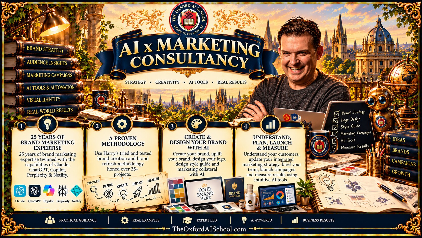 AI x Marketing Consultancy from The Oxford AI School with Harry Lang: 25 years of brand marketing expertise, a proven methodology, creating and designing your brand with AI, and understanding, planning, launching and measuring campaigns with Claude, ChatGPT, Copilot, Perplexity and Netlify.