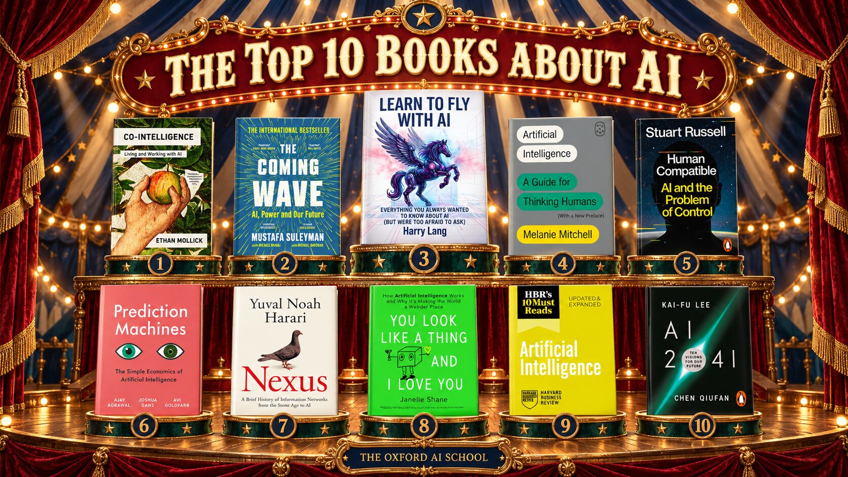 The Top 10 Books About AI: all ten book covers on numbered circus podiums beneath a navy-and-cream big top, with red velvet curtains and gold lights. Learn To Fly With AI takes centre stage at number 3.