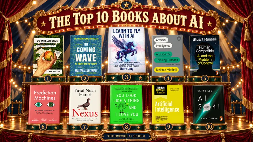 Ten AI book covers on numbered circus podiums beneath a big top, with Learn To Fly With AI at number 3