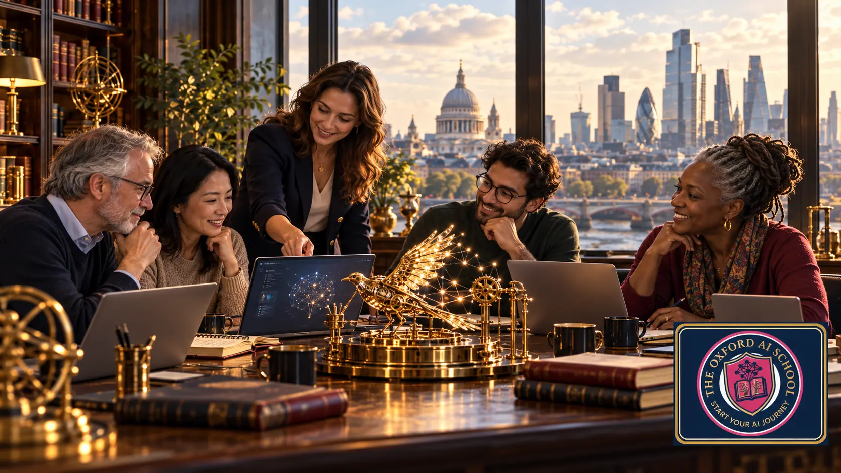 Adult beginners practise AI with a tutor in a warm London library, with a brass mechanical bird, the City skyline and The Oxford AI School logo.