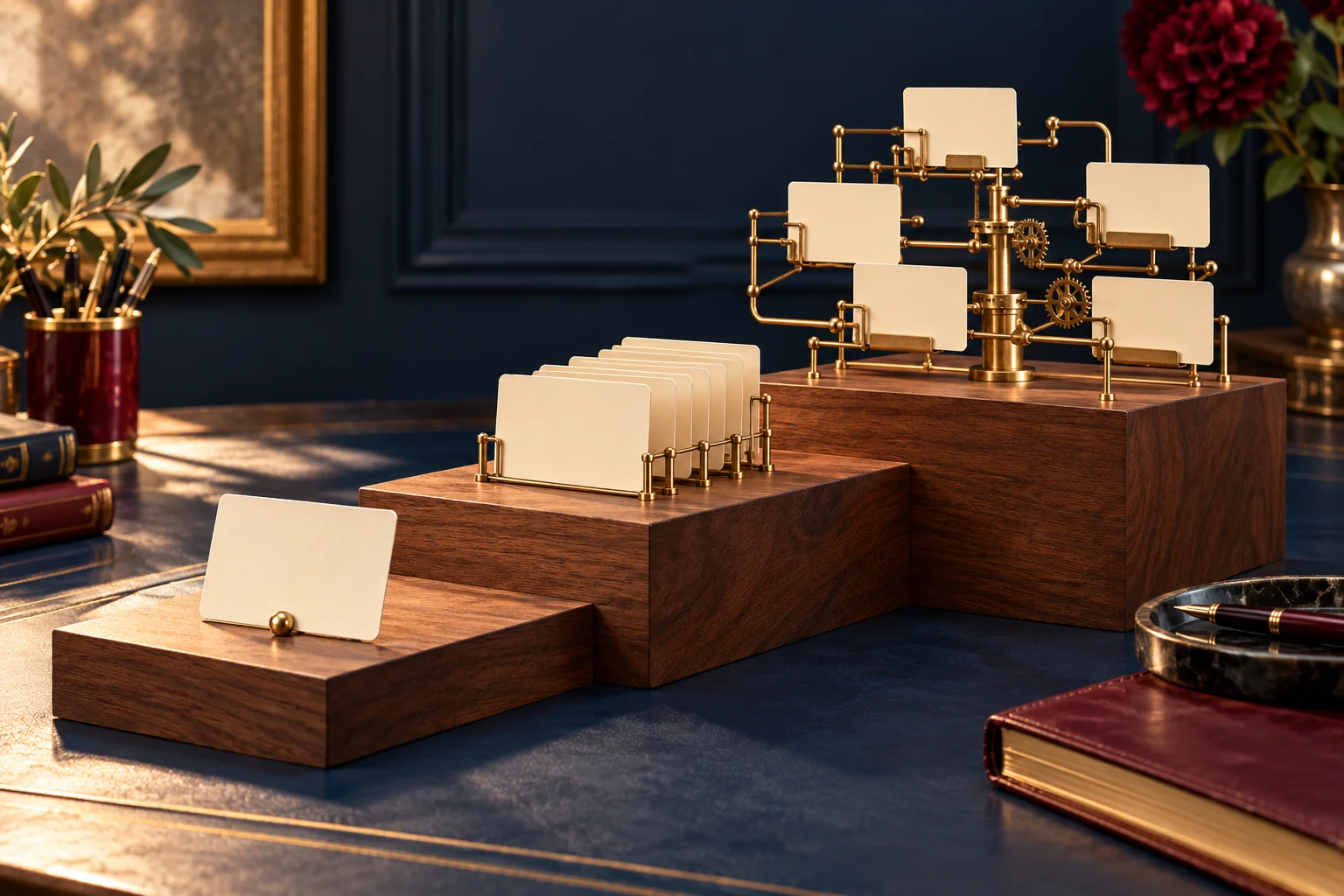 Three ascending wooden steps carrying a single note, organised cards and a connected brass mechanism, illustrating progression in AI capability.
