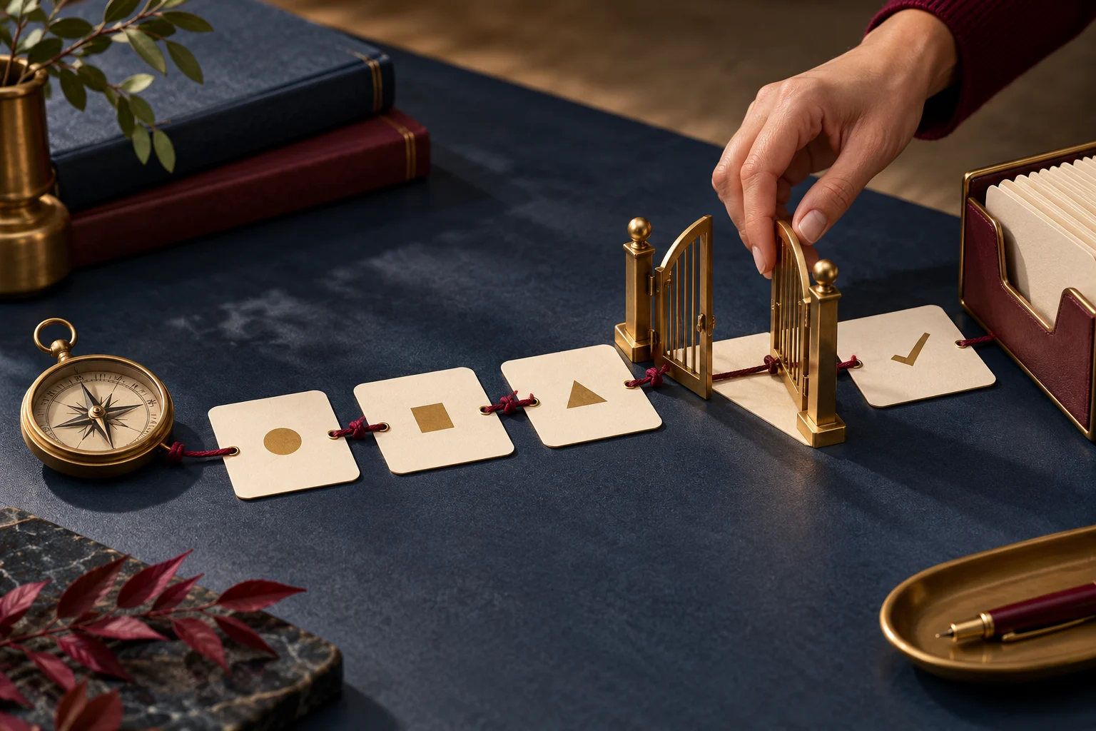 Task cards connected by burgundy cord pass through a brass gate held by a person, representing human approval in an agent workflow.