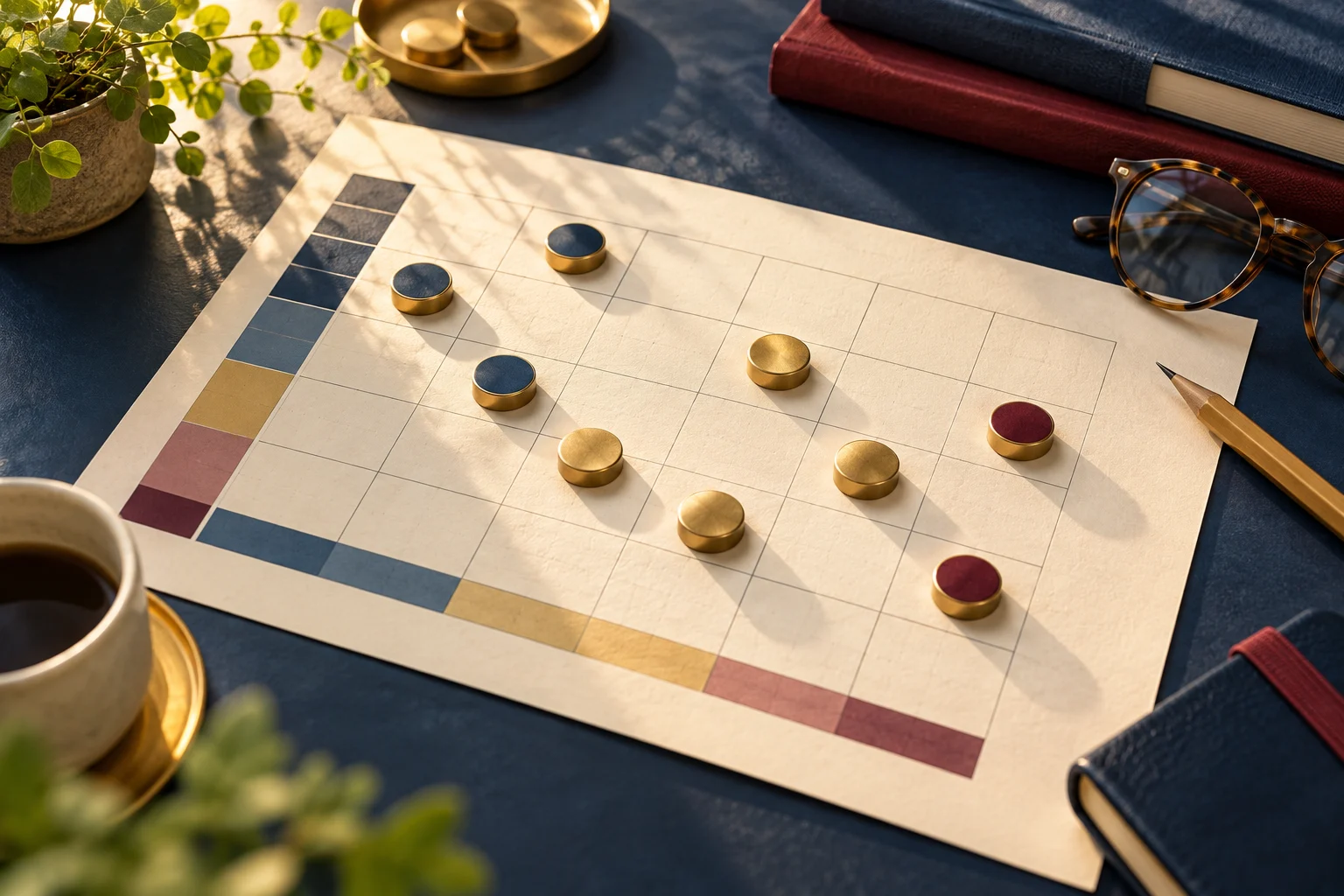 Brass counters arranged on a paper grid, illustrating how an AI skills matrix maps different capabilities.
