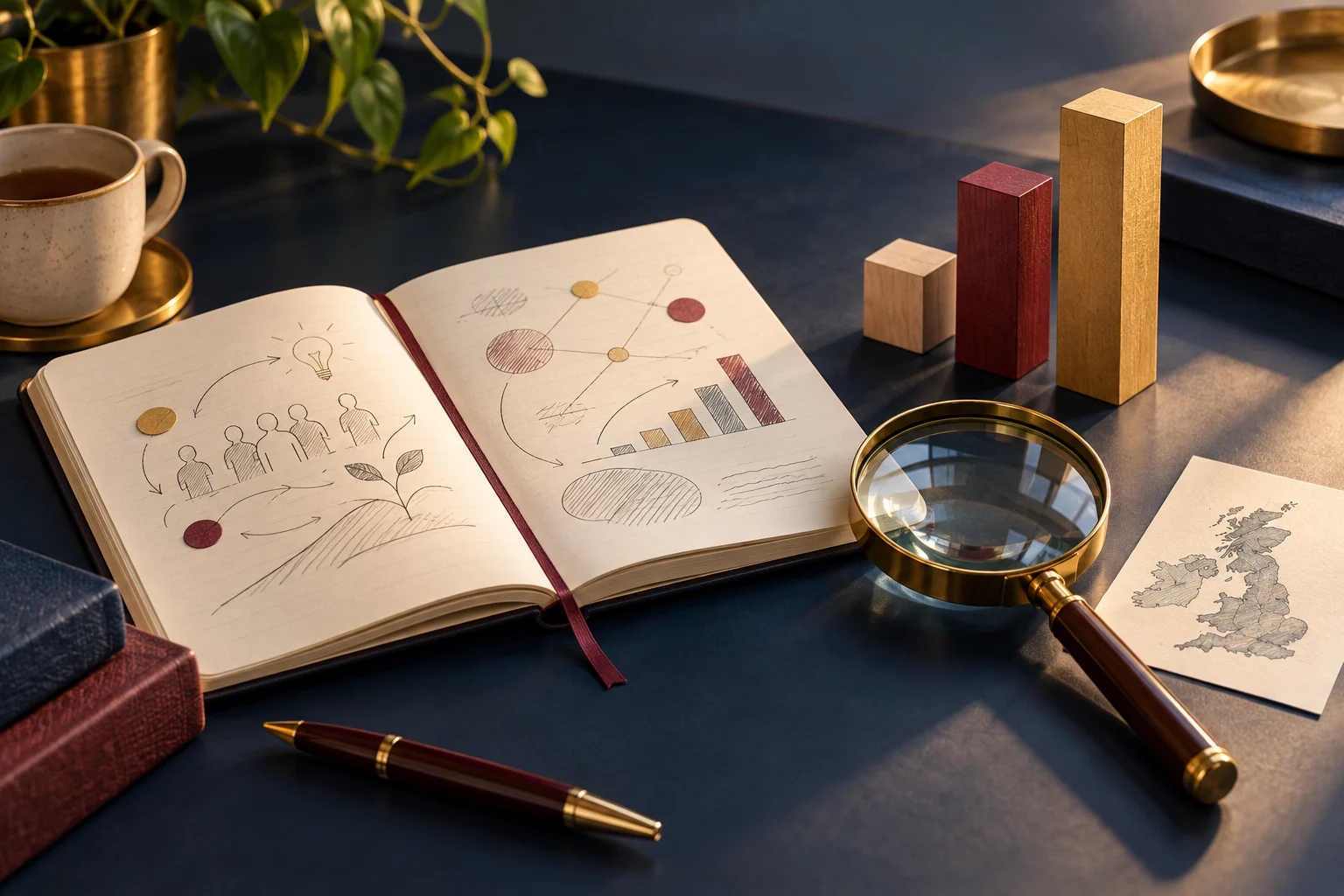 A research notebook, magnifying glass and symbolic wooden chart columns on a navy desk, illustrating careful examination of UK AI training evidence.