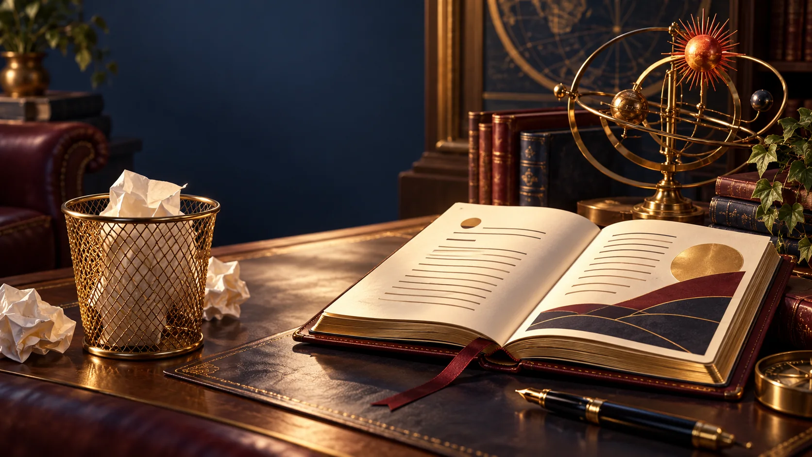 A brass-lit writing desk with a notebook and long-form pages, illustrating the choice to cancel Claude or learn to use it more effectively