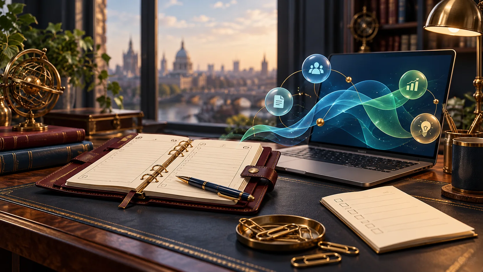 A brass-trimmed work desk with a planner and laptop, illustrating Microsoft Copilot as a workplace assistant and the decision to keep or cancel it
