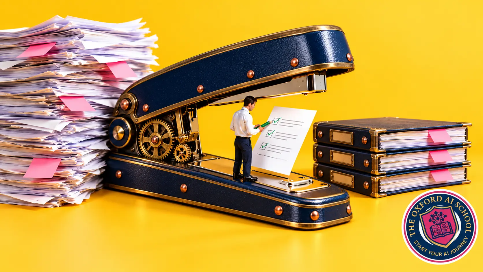 Surreal yellow studio scene of a miniature worker checking a document beneath a navy stapler with brass and clockwork details, with The Oxford AI School logo.