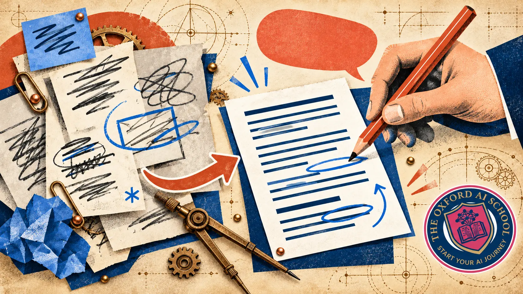 Graphic paper collage of a hand editing a document, with brass drafting instruments, clockwork details and The Oxford AI School logo.