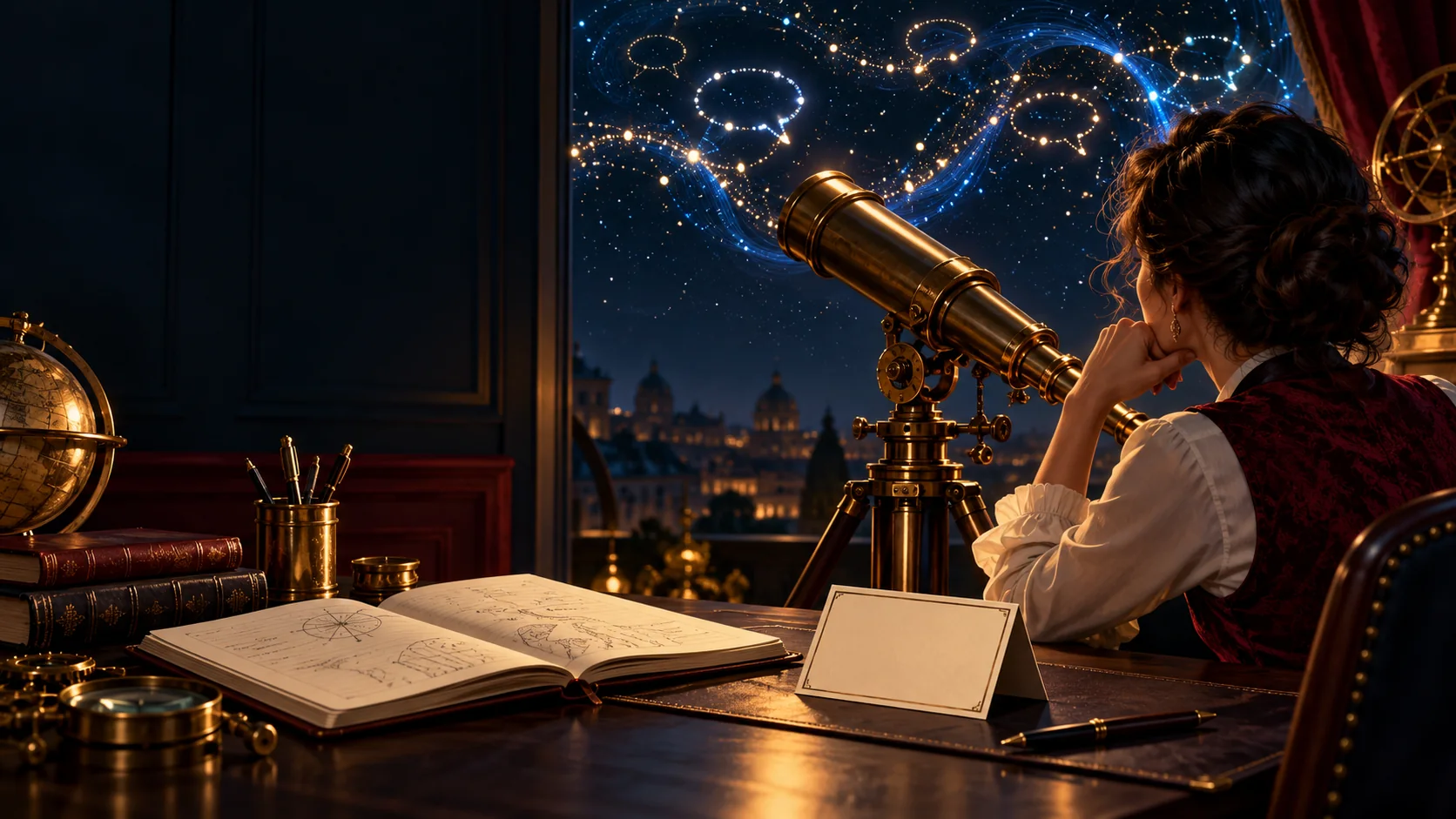 A brass observatory telescope and notebook on a dark desk, illustrating a practical decision about keeping or cancelling a Grok subscription