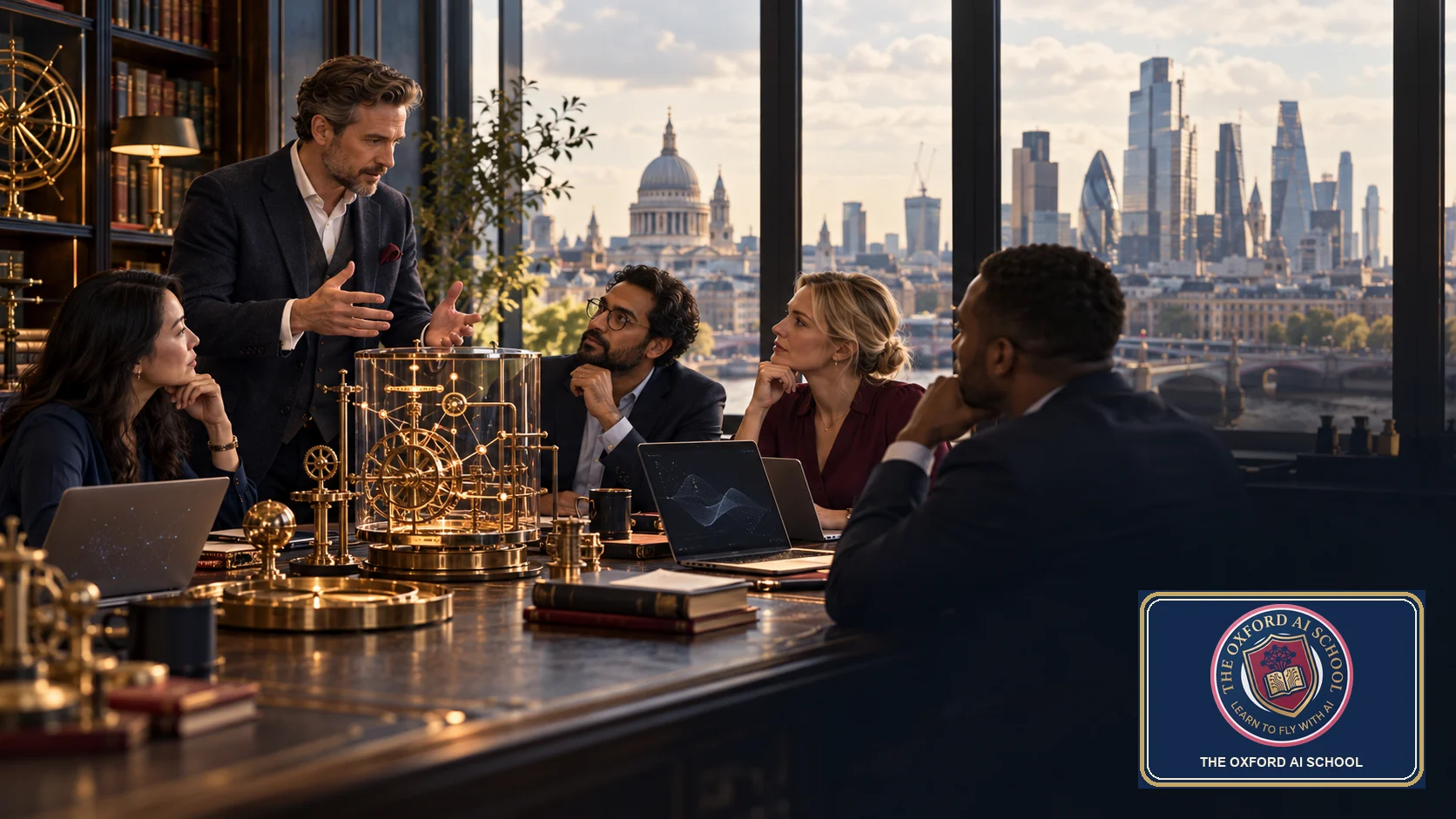 London business leaders learn practical AI workflows around a brass steampunk teaching instrument, with St Paul’s and the City skyline behind them, and the circular Oxford AI School roundel logo in a framed plaque.