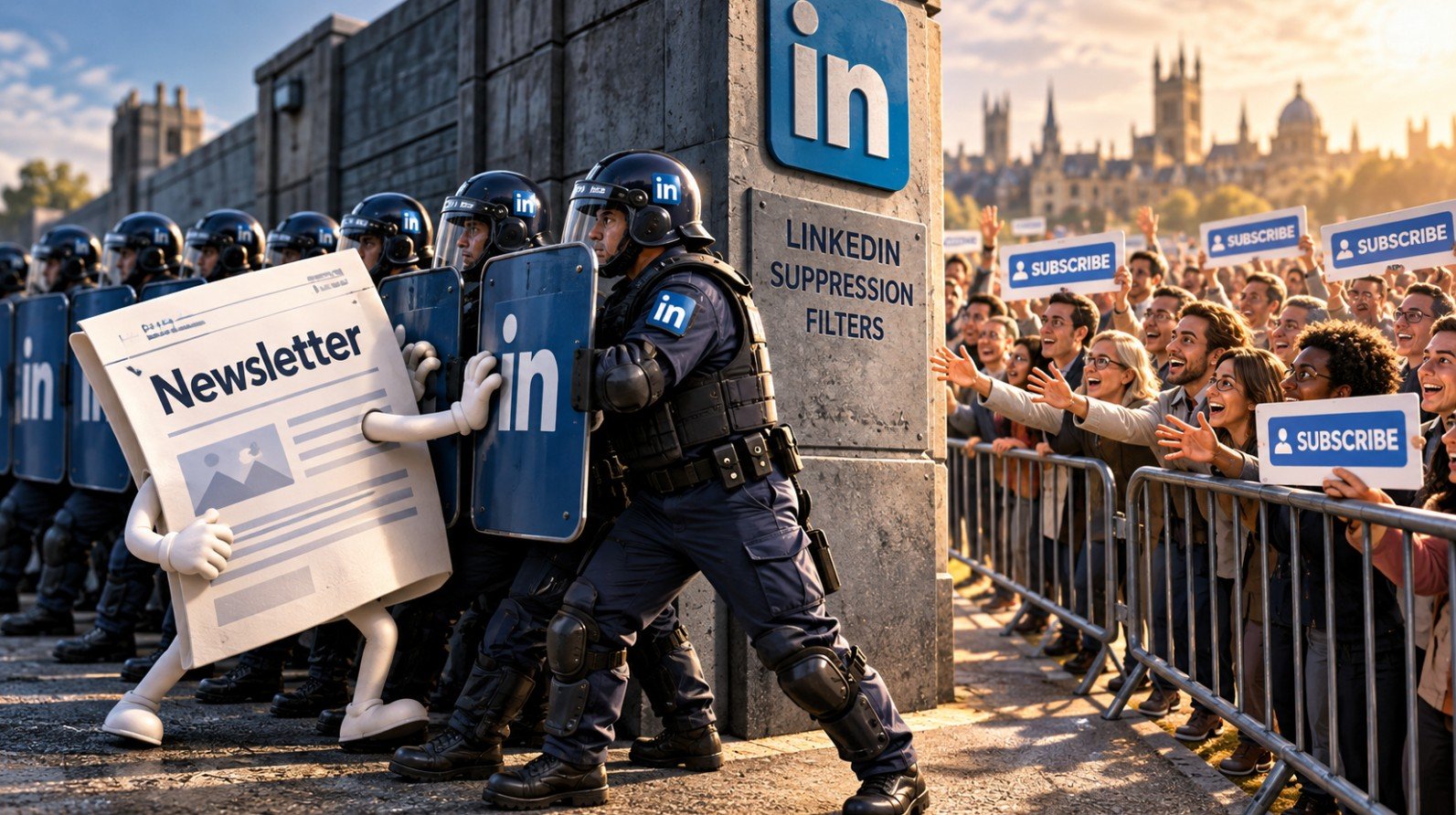 A cartoon newsletter character pushing against a wall of LinkedIn riot police beneath a sign reading LinkedIn Suppression Filters, while a crowd of subscribers holding Subscribe placards waits behind barriers with the Oxford skyline at sunset