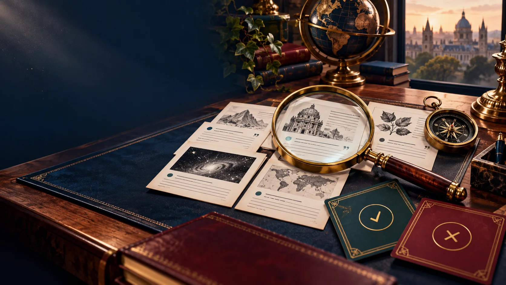 A brass magnifying glass over research papers and a compass, illustrating Perplexity's source-led search and the decision to keep or cancel a subscription