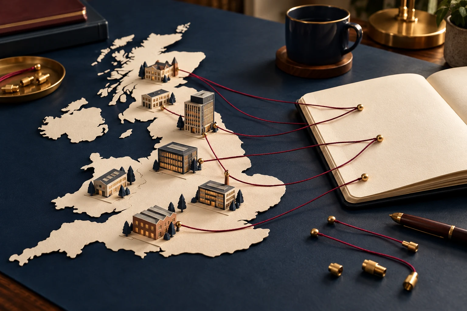 Miniature paper businesses on a map of Britain, with completed and unfinished connections to a notebook.