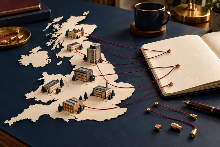Miniature paper businesses on a map of Britain, connected to a notebook, illustrating UK business AI adoption