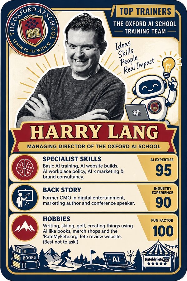 Top Trainers card for Harry Lang, Managing Director of The Oxford AI School. Specialist skills: basic AI training, AI website builds, AI workplace policy, AI x marketing and brand consultancy. Back story: former CMO in digital entertainment, marketing author and conference speaker.