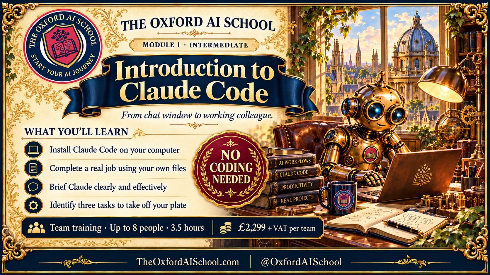 Introduction to Claude Code module from The Oxford AI School: install Claude Code, complete a real job using your own files, brief Claude clearly and identify three tasks to take off your plate. No coding needed.