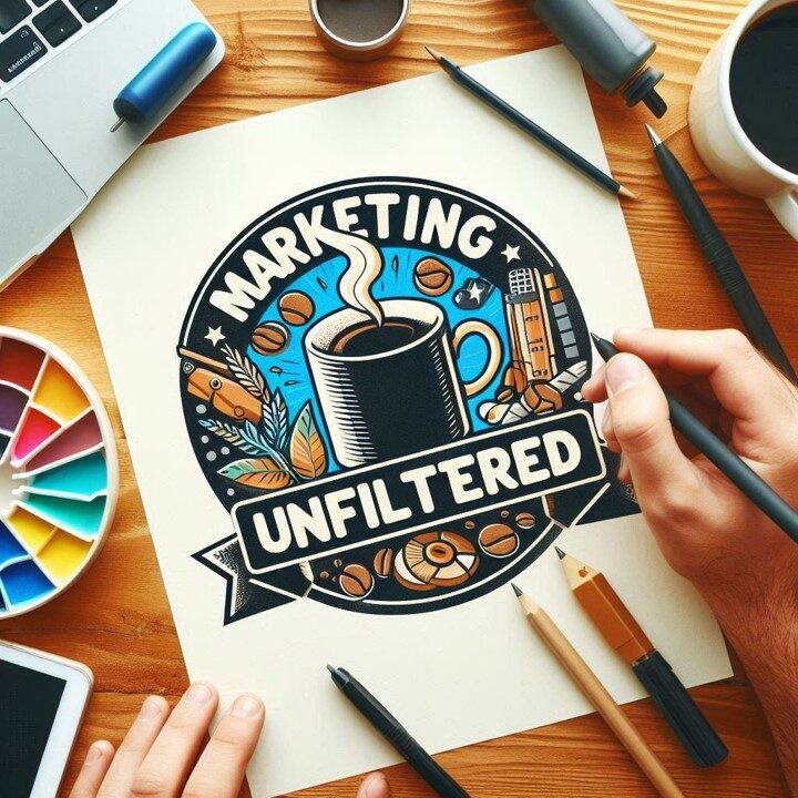 Marketing Unfiltered Newsletter logo - a steaming mug of coffee inside a roundel, sketched on paper