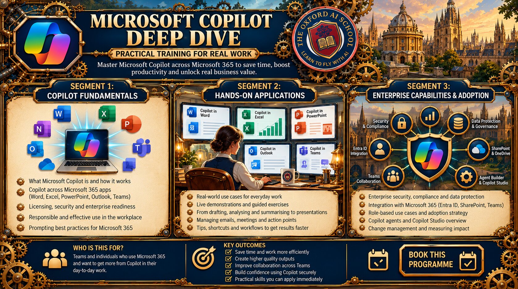 Microsoft Copilot Deep Dive programme from The Oxford AI School: Copilot fundamentals, hands-on applications across Word, Excel, PowerPoint, Outlook and Teams, and enterprise capabilities and adoption.