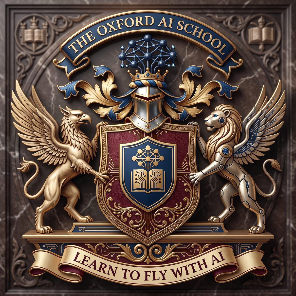 The Oxford AI School medieval coat of arms generated with AI: a golden griffin and a robotic winged lion holding a shield bearing an open book and a neural network, beneath the motto Learn To Fly With AI