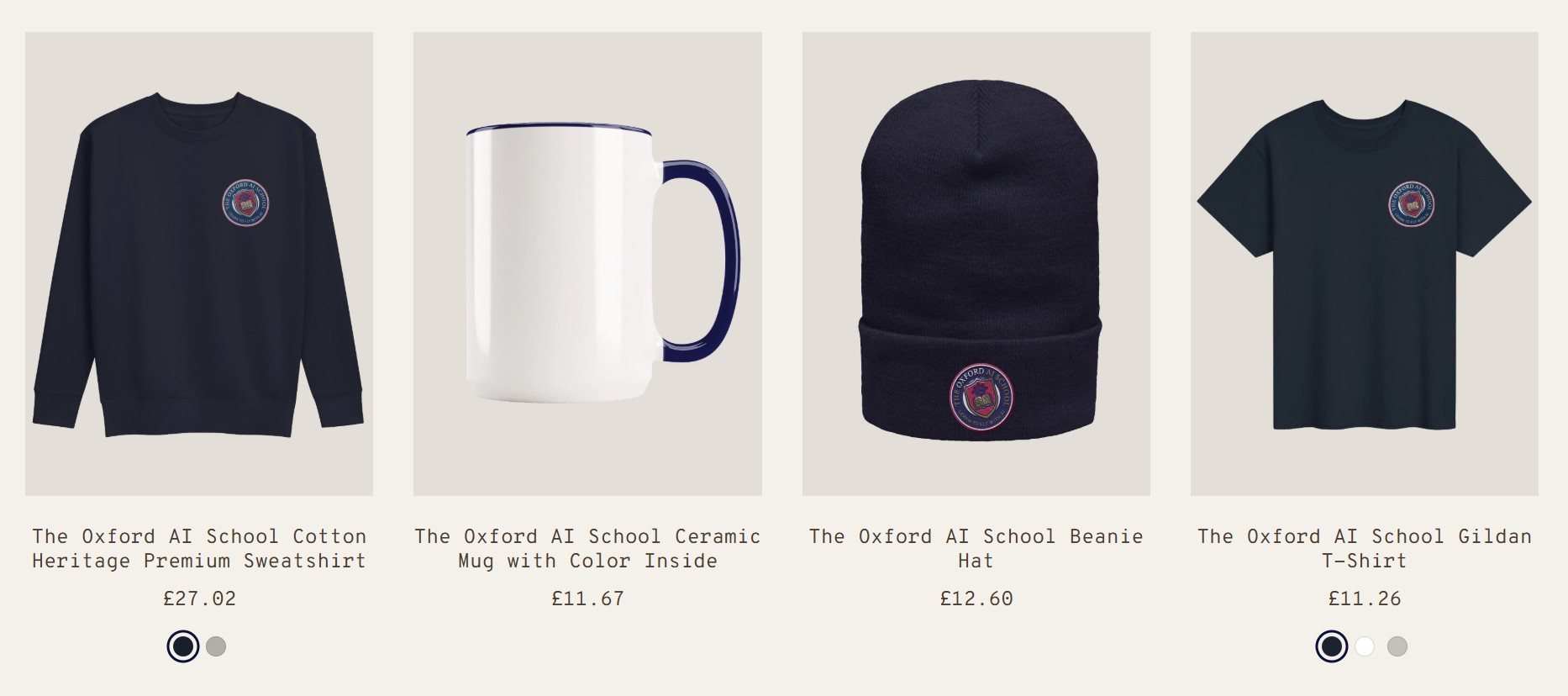 The full Oxford AI School merch collection: cotton heritage premium sweatshirt, ceramic mug with colour inside, beanie hat and Gildan T-shirt, with prices